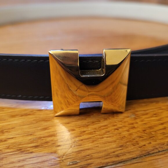 Hermes "H Buckle" Reversible Black/White Leather Belt - Picture 3 of 3